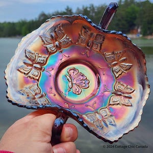 Antique Fenton Butterflies Amethyst Iridescent Carnival Glass - Candy Dish, Card Tray