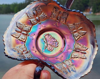 Antique Fenton Amethyst Carnival Glass Butterflies Handled Bon Bon Dish