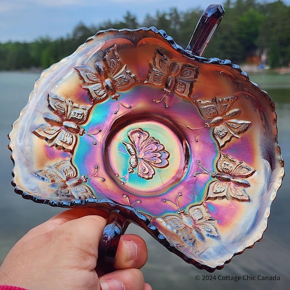 Antique Fenton Amethyst Carnival Glass Butterflies Handled Bon Bon Dish