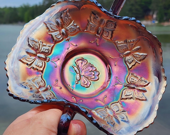 Antique Fenton Amethyst Carnival Glass Butterflies Handled Bon Bon Dish