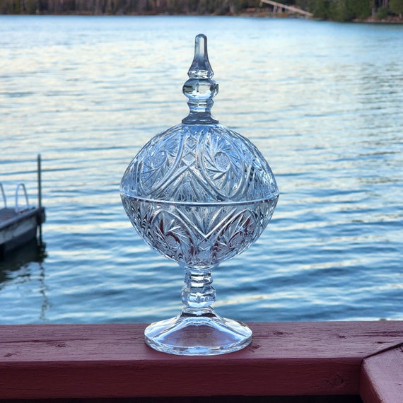 Mid Century Vintage Crystal Pedestal Compote Bowl Dish with Steeple Glass Finial