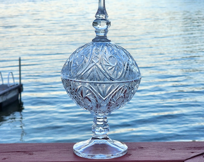 Mid Century Vintage Crystal Pedestal Compote Bowl Dish with Steeple Glass Finial