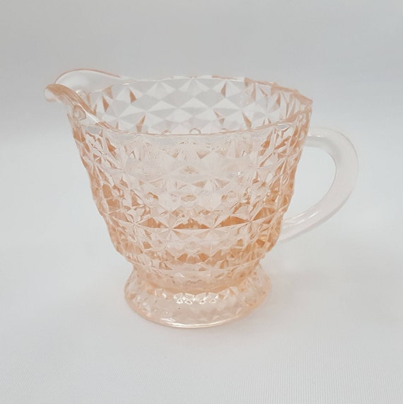 Jeannette Glass Holiday Pink Creamer with Buttons and Bows for Afternoon Tea Time