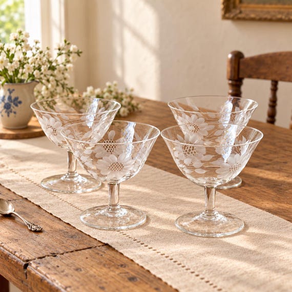 W.J. Hughes Cornflower Champagne Coupe Sherbet Glasses, Hand Cut, Set of 4
