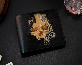 Leather Bifold Skull Chain Bike Gothic Wallet, Black and White Biker Goth Girl Custom Personalized Purse Gift For Her