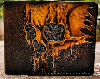 Ukraine Leather Bifold Skull Wallet, Mens Leather Chain Biker Wallet