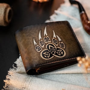 Cartera de cuero con cadena celta plegable, regalo personalizado para hombre con pata de oso vikingo