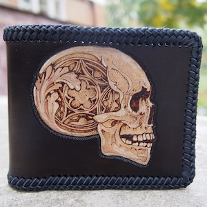 Leather Bifold Skull Bike Chain Gothic Wallet, Custom Personalized Purse Biker Motorcycle Gift For Him