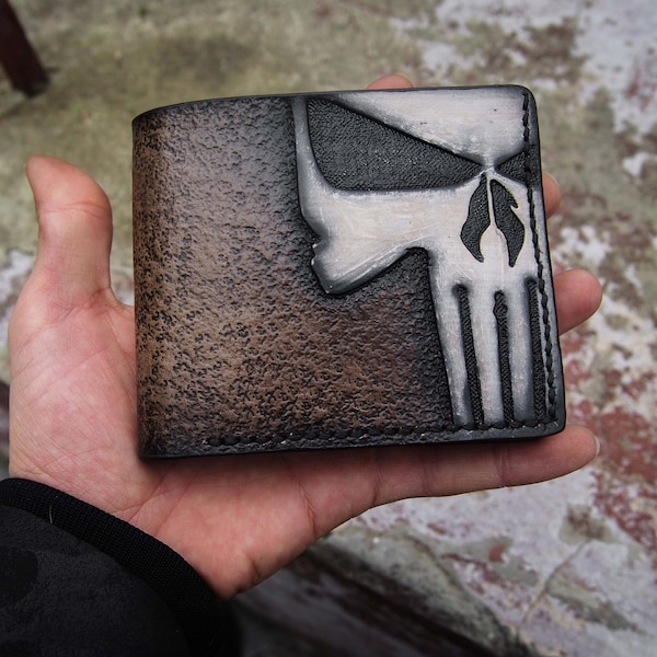 Leather Chain Bifold Biker Wallet With Skull, Punisher Wallet