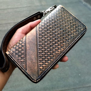Cartera de cuero con cremallera para hombre y mujer, estilo vintage, con diseño de vaqueros azules, personalizada, para teléfono, pasaporte, grande, regalo para él y para mujer.