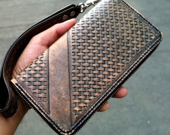 Portafoglio vintage in pelle con cerniera e cinturino da polso – Portafoglio in stile jeans blu fatto a mano, pochette unisex in pelle, regalo per lui o per lei