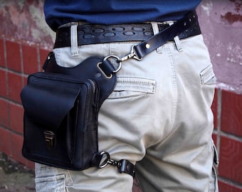 Leather Mens Black Leg Bag, Hip Bag, Biker Gift
