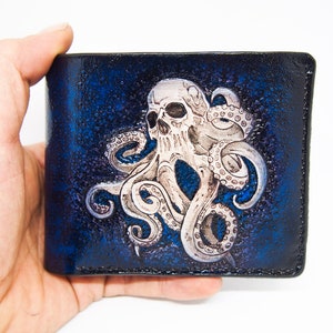 Leder Bifold Blue Octopus Skull Fahrrad Portemonnaie Kette, Motorrad Biker Halloween Geschenk