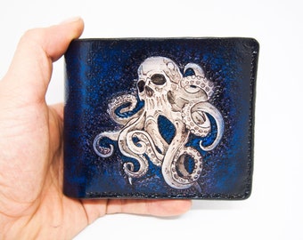 Leather Bifold Blue Octopus Skull Bike Wallet Chain, Motocycle Biker Halloween Gift