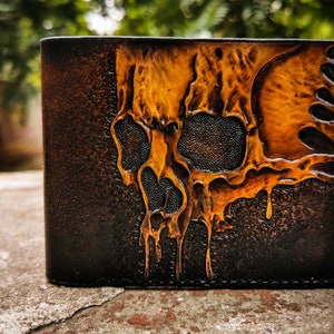 Ukraine Leather Bifold Skull Wallet, Mens Leather Chain Biker Wallet