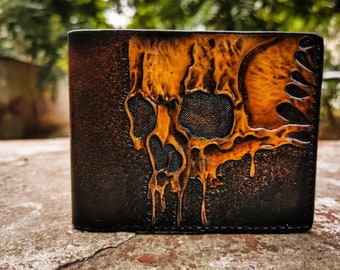 Ukraine Leather Bifold Skull Wallet, Mens Leather Chain Biker Wallet