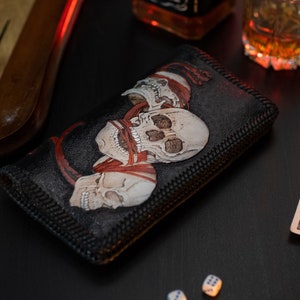 Cartera de cuero con cadena de calavera para motociclista, "No hables, no veas, no oigas el mal", regalos góticos personalizados para motociclistas.