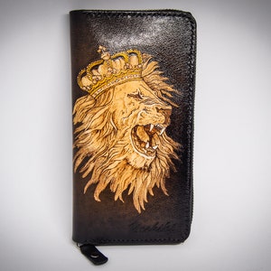 Cartera de cuero con cremallera larga con forma de león, pasaporte para teléfono, personalizada, linda cartera de motociclista, cadena, regalos con signo del zodiaco