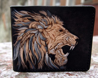 Cartera plegable con cadena de cuero del Rey León, regalo para hombre, cartera personalizada con signo del zodíaco y monedero con forma de león