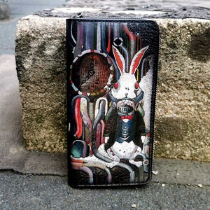 Leather Zipper Steampunk Alice In Wonderland Rabbit Wallet, Custom Gothic Cute Steampunk Girl Womens Clutch Gift