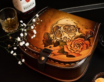 Leather Hand Tooled Skull Women Bag, Gothic Crossbody HandMade Clutch with Skull, Valentine's Day Gift For Her