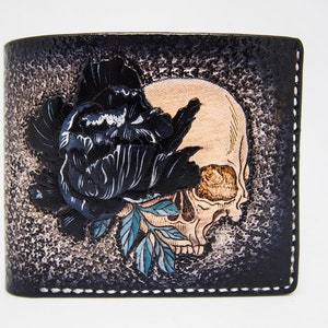 Cartera de calavera gótica con flor negra y cadena de cuero para mujer, regalo de calavera