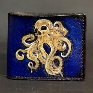Cartera de cuero plegable con calavera de pulpo azul para motociclista, regalo personalizado de estilo gótico.