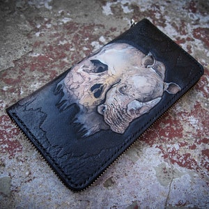 Cartera de bicicleta con cadena de cuero con cremallera gótica y rinoceronte, regalo de motociclista