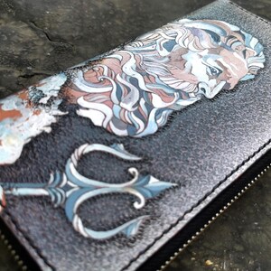 Cartera de cuero con cremallera de mar Poseidon, regalo de bolso personalizado con cremallera marina para hombres y mujeres