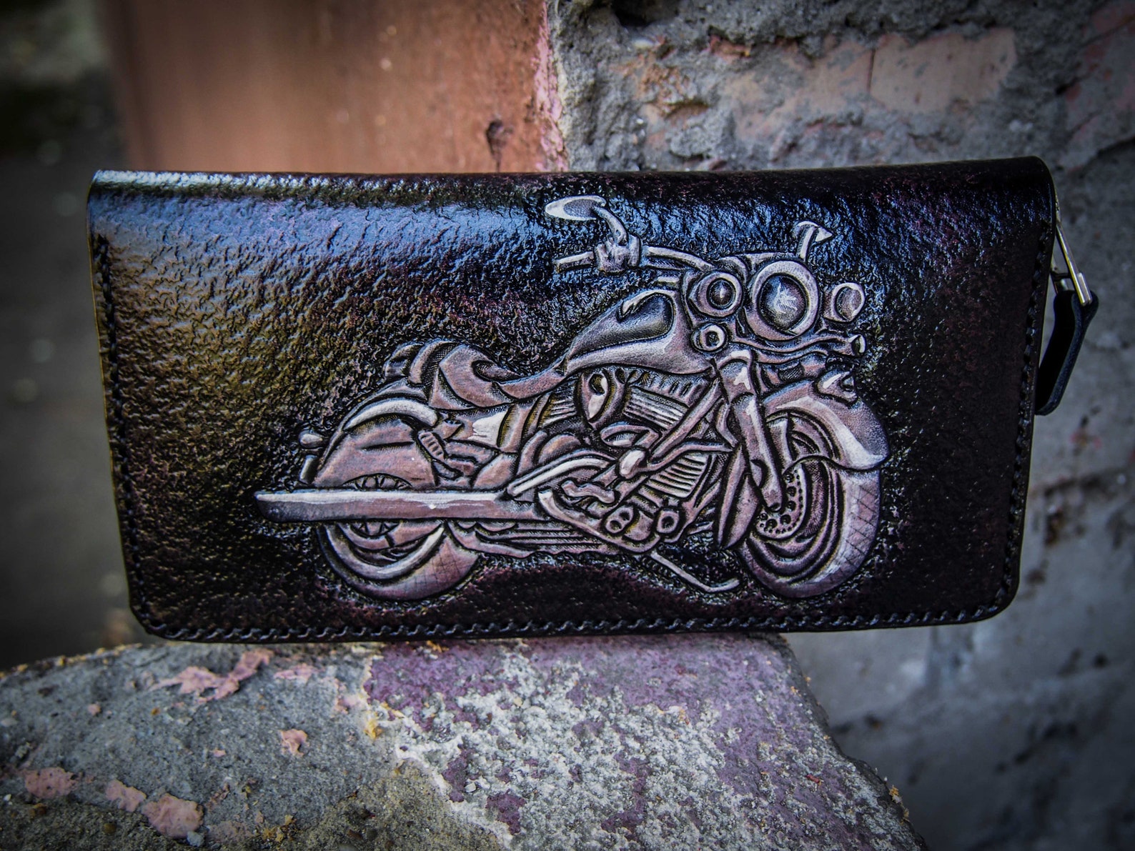 Leather Zipper Wallet With Indian Motorcycle Zip Moto Wallet Etsy