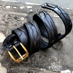 Handmade Leather Custom Design Black Belt With Classic Buckle, Biker Gothic Exclusive Tool Mens Belt, Personalized Gift For Him