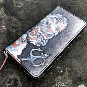 Cartera de cuero con cremallera Poseidon Art, cartera de motociclista con opción de cadena, cartera hecha a mano con el dios del océano, cartera larga gótica de cuero para hombre