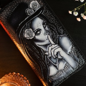 Cartera de cuero con cremallera y cadena de Santa Muerte, monedero gótico con cremallera y calavera para mujer, regalo para motociclistas