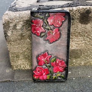 Carteira de couro feminina com zíper floral fofa personalizada, bolsa elegante feita à mão, presente de 3º aniversário para ela