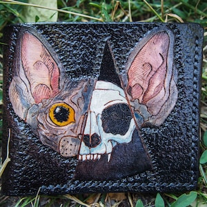 Cartera de cuero bifold para mujer Sphynx Cat Skull Chain, regalo personalizado de bolso de chica motera gótica para ella