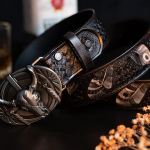 Leather Black Indian Belt With Bull Skull Buckle, Biker Gothic Exclusive Design Leather  Belt Gift