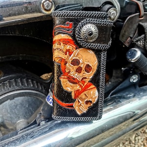 Cartera larga de cuero para hombre con cadena de calavera personalizada, con tarjeta grabada, monedero de motociclista de los Tres Monos Sabios, regalo