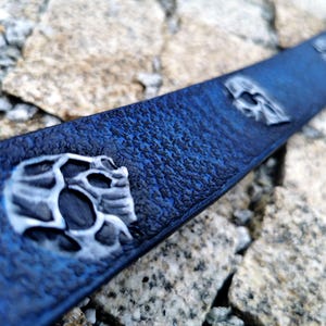 Leather Skull Belt for Men – Blue Embossed Gothic Belt, Punk Biker Style, Handmade Custom Belt Gift