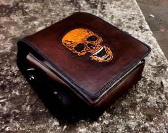Leather Shoulder Bag with Skull – Handmade Crossbody Bag with Tooled Design – Brown Gothic Biker Purse for Men or Women