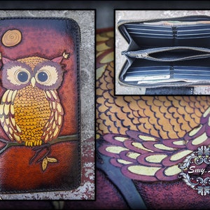 Cartera de piel con cremallera de búho para mujer, hecha a mano con cremallera, cartera larga de piel con búho grabado, regalo artesanal para ella.