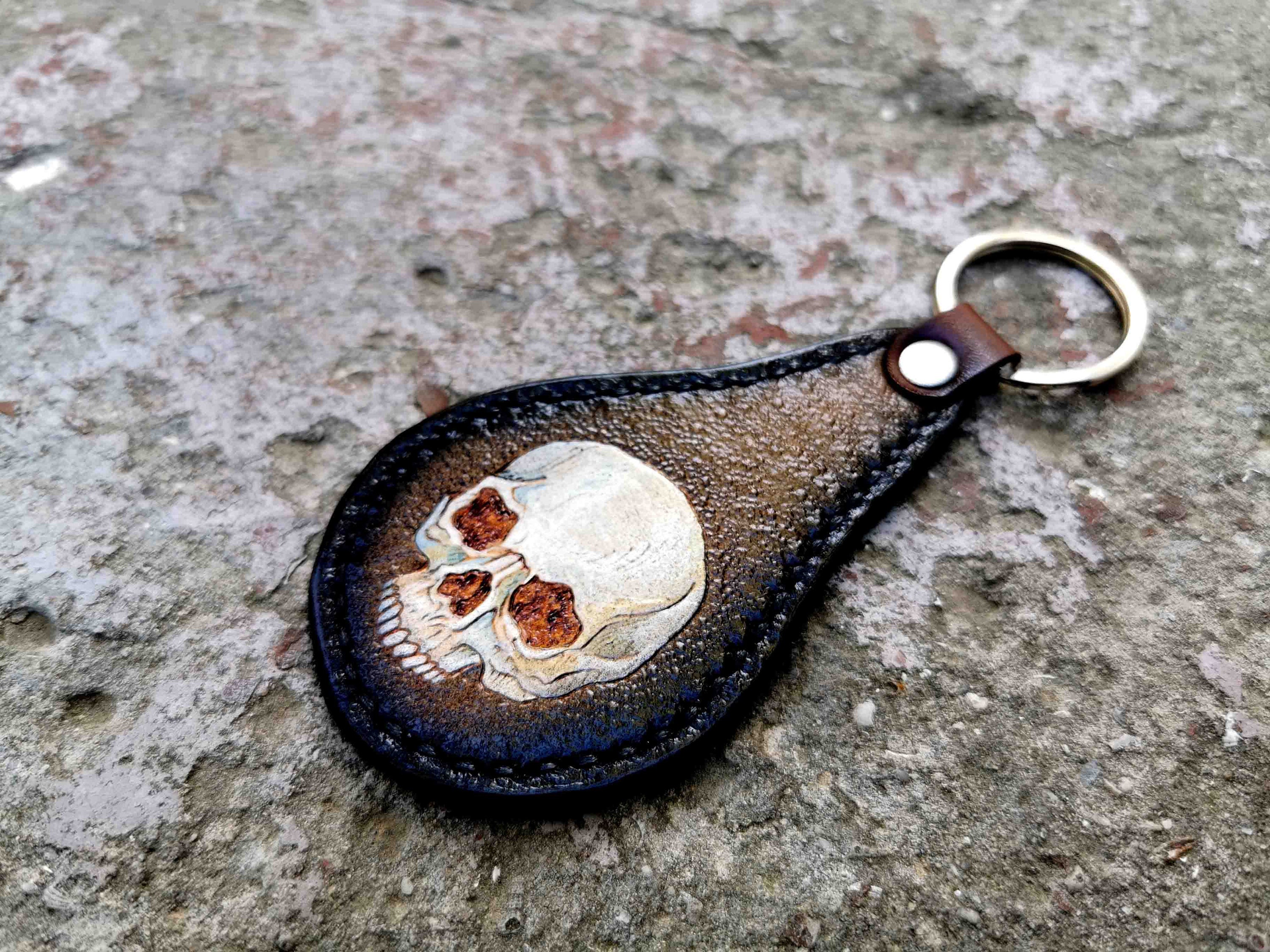 Ukraine Custom Leather Keychain with Skull, Biker Motorcycle keychain