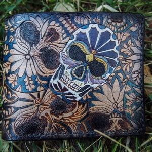 Cartera de calavera de azúcar con cadena de cuero, cartera pequeña para bicicleta para mujer