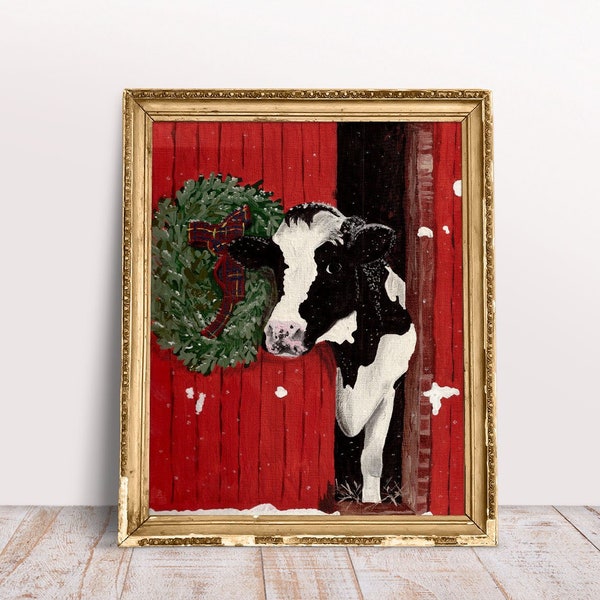 Holstein Cow Art Print Black and white cow standing in a red barn with Christmas wreath holiday farmhouse decor