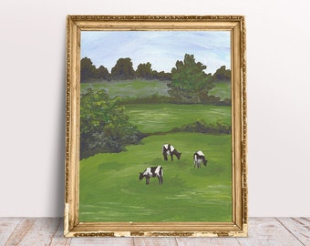 Cows in pasture cow art print, farmhouse decor, landscape painting