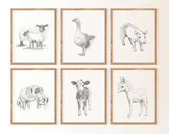 Farm animal art sketch set of 4 prints Modern farmhouse artwork print Pencil animal sketch