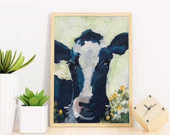 Cow original art print, Black and white holstein cow in flowers painting, Abstract cow print 5 x 7, 8 x 10 and 11 x 14