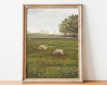 Vintage farm fine art print british landscape sheep grazing wall art rural pasture painting stone fence pastoral lamb wall art