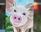Pig painting, original abstract pig painting on reclaimed wood, farmhouse decor, baby pig nursery art, original nursery artwork, pig art