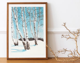 Winter Birch Tree Art Print: Snowy Landscape Watercolor Painting