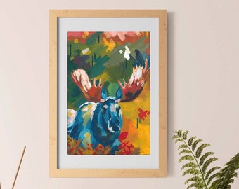 Abstract moose head art print, blue moose with abstract background, cabin wall art